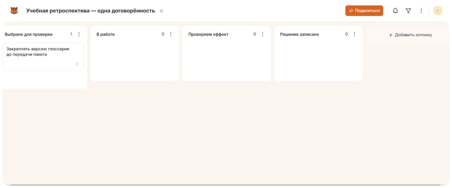 Реальная доска Канбано для выбранного улучшения после ретроспективы