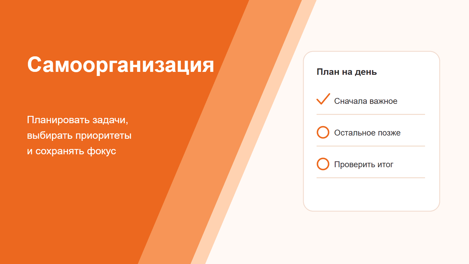 Самоорганизация: план на день, приоритеты и проверка результата.