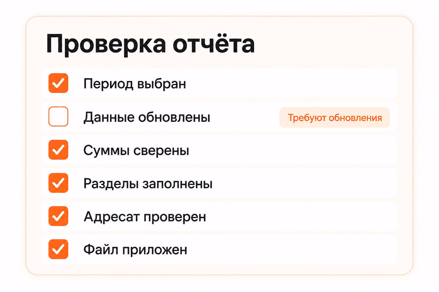 Чек-лист проверки отчёта содержит пять выполненных пунктов и один незакрытый пункт об обновлении исходных данных.